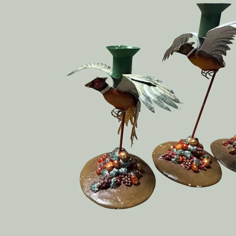 Silvestri Vintage Metal Pheasant Taper Candle Holder Set of 3 Flying Birds Decor